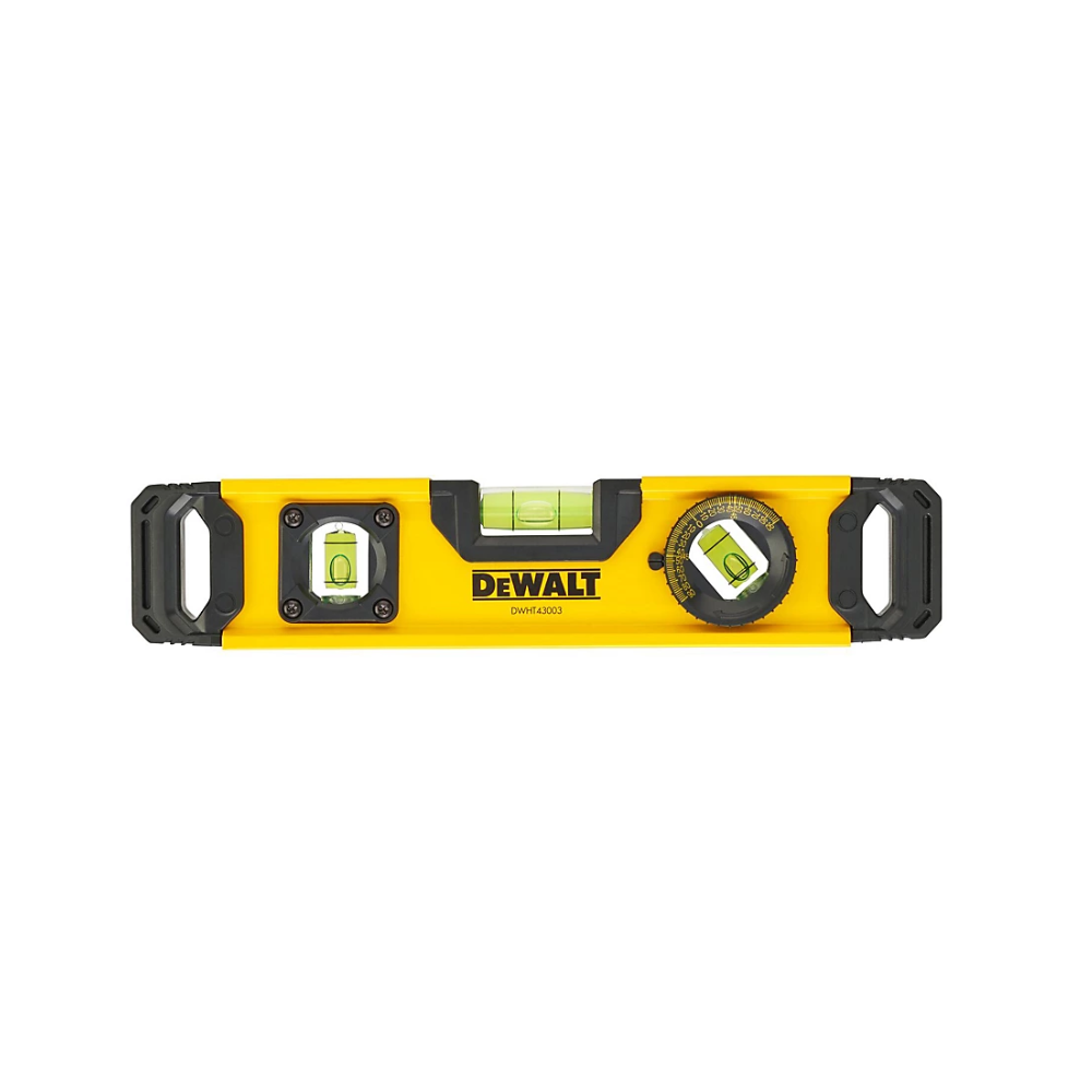 DEWALT torpedo level, 25cm long, with bubble vials for accurate leveling of tools and surfaces in construction and carpentry.