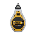 DEWALT 6-in-1 chalk reel with 100ft tape measure, durable tools for construction and outdoor use, displayed in a workspace setting.