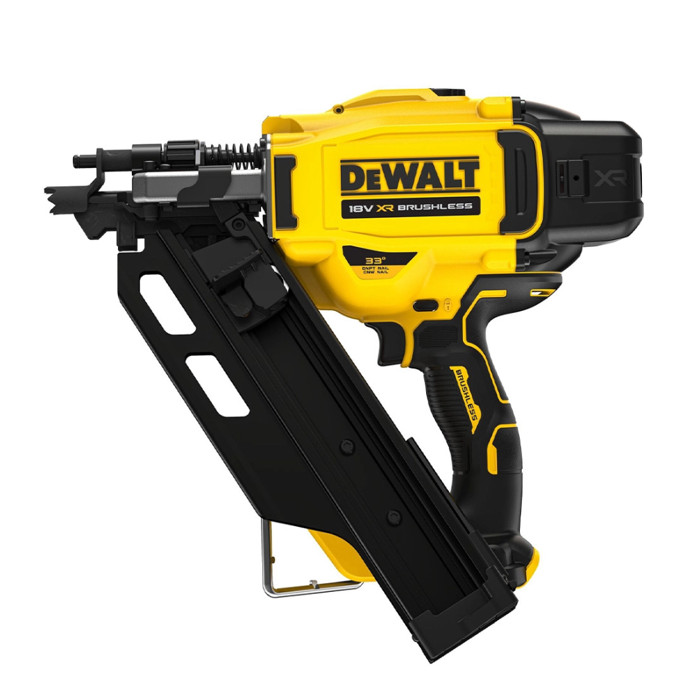 DEWALT 18V XR brushless 90mm framing nailer bare unit, showing the compact power tool with ergonomic grip and metal nail magazine.