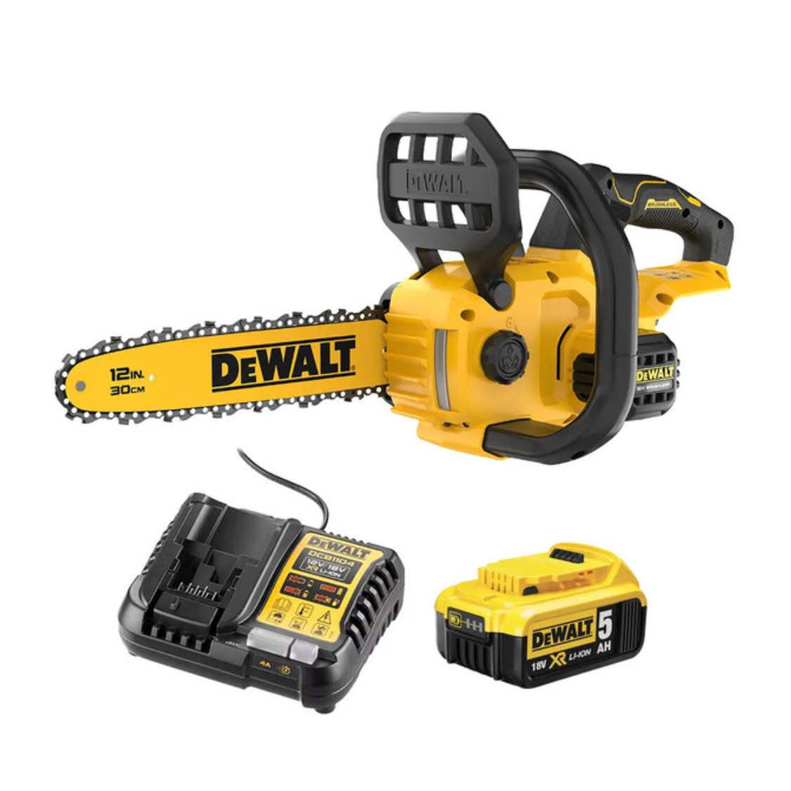 DEWALT 18V XR chainsaw with 30cm bar and 5.0Ah battery, showcasing the power tool with blade and ergonomic handle.