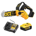 DEWALT 18V XR pruning saw with 5.0Ah battery, cordless garden tool for pruning branches and trimming trees.