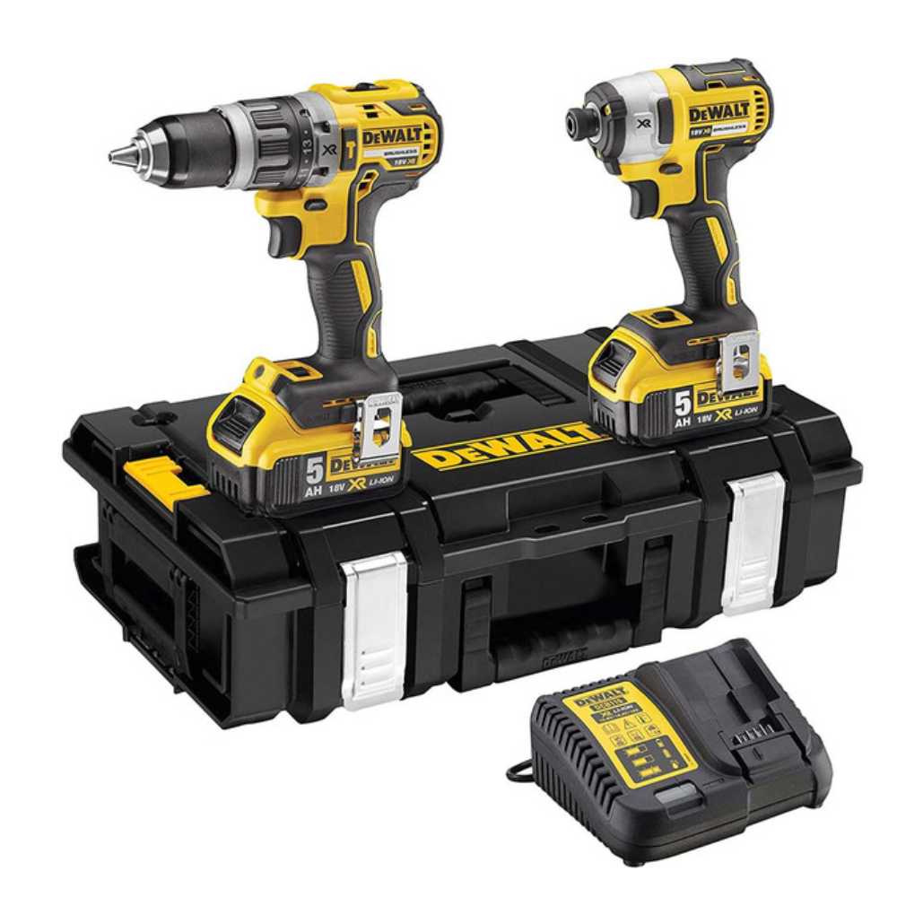 DEWALT 18V XR brushless impact driver and compact hammer drill with two 5.0Ah batteries, shown together as a power tools kit.