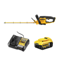 DEWALT 18V XR hedge trimmer with 55cm blade and 25mm cut capacity, shown with 5.0Ah battery for gardening and trimming tasks.