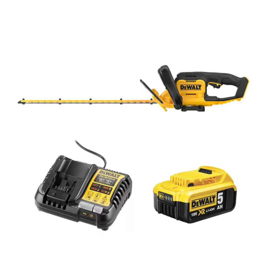 DEWALT 18V XR hedge trimmer with 55cm blade and 25mm cut capacity, shown with 5.0Ah battery for gardening and trimming tasks.