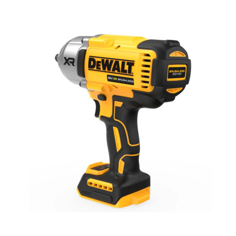 DEWALT 18V XR brushless 1/2-inch high torque impact wrench with hog ring, bare tool, shown in image.