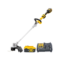 DEWALT 18V XR string trimmer with folding shaft and 5.0Ah battery, cordless garden tool for trimming grass and weeds.