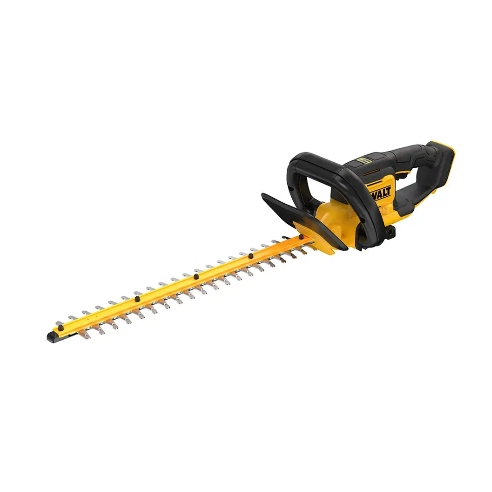 DEWALT 18V XR Hedge Trimmer with 55cm blade and 19mm gap, shown with battery and handle for gardening and trimming tasks