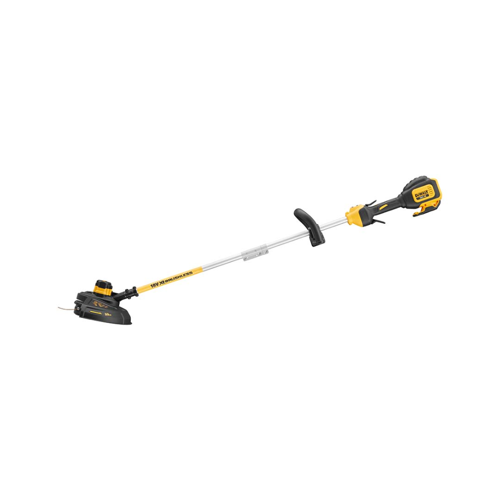 DEWALT 18V XR brushless string trimmer with split shaft and 5.0Ah battery, showing the power tool with cutting head and handle.