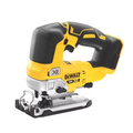 DEWALT 18V XR brushless top handle jigsaw bare unit, showing the power tool with ergonomic handle and blade in a workshop setting.