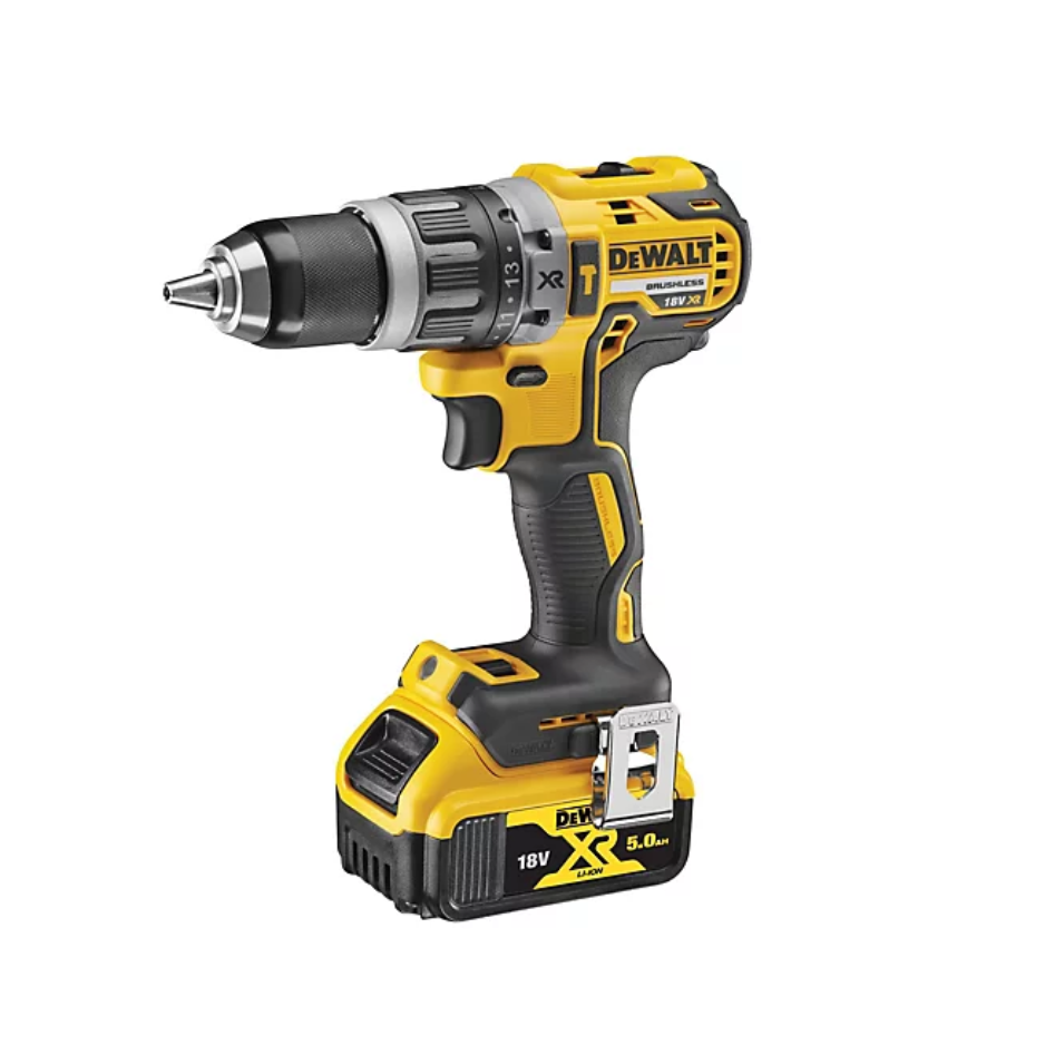 DEWALT 18V XR LI-ION compact combi drill with 5.0Ah battery and kit box, showing the power tool and accessories.