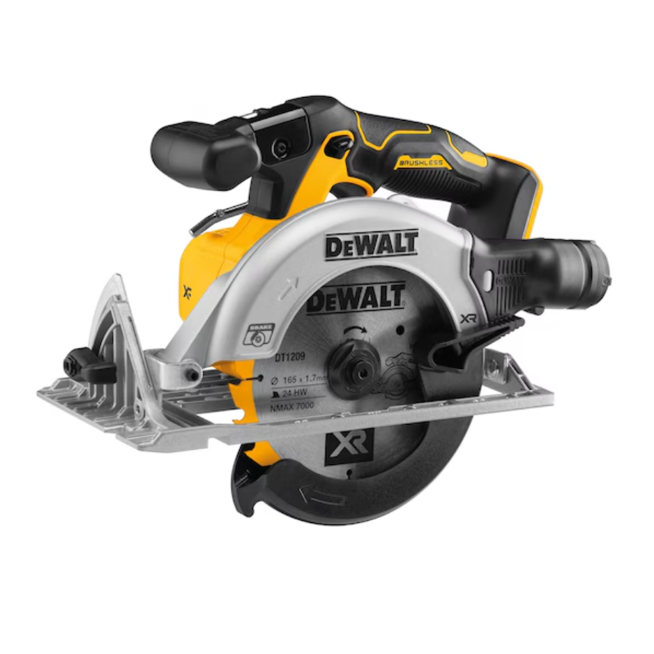 DEWALT 18V XR brushless circular saw with 165mm blade, bare tool unit, showcasing the power tool's blade and handle design.