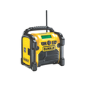 DEWALT XR compact digital radio with digital display, volume controls, and handle for portable use on job sites.