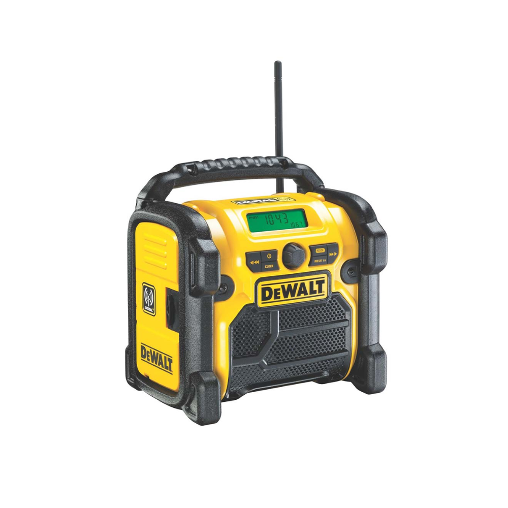 DEWALT XR compact digital radio with digital display, volume controls, and handle for portable use on job sites.