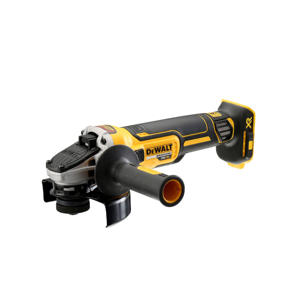 DEWALT 18V XR brushless 125mm angle grinder bare unit with black handle and metal grinding disc, showcasing power tools.