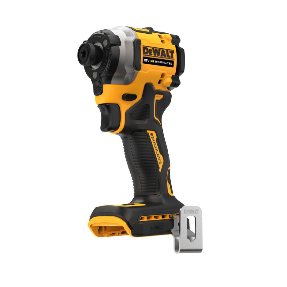 DEWALT 18V XR brushless impact driver bare unit with 3-speed setting, compact tool for fastening and driving tasks.