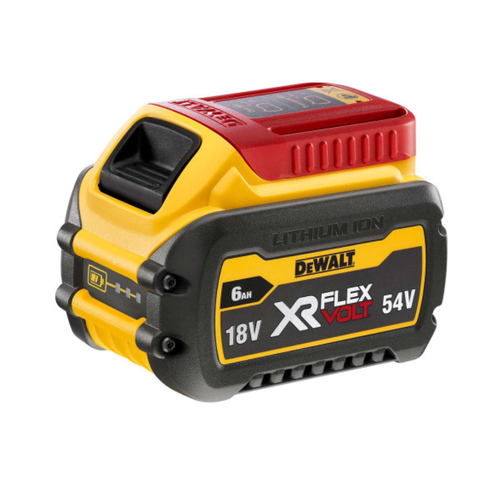 DEWALT XR FLEXVOLT 6.0AH battery for power tools, showing the black and yellow battery pack with brand logo.