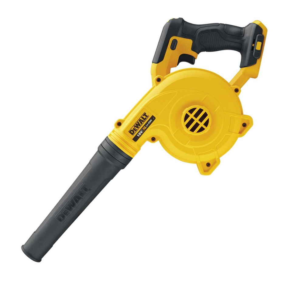 DEWALT 18V XR compact blower bare tool, cordless power tool for cleaning and outdoor tasks, shown with black and yellow design.