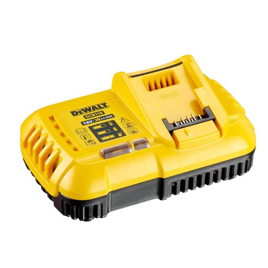 DEWALT DCB118 battery charger for power tools, shown with charging ports and LED indicator lights.