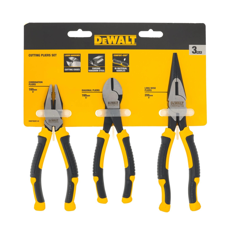 DEWALT 3-piece plier set with diagonal, long nose, and multigrip pliers, featuring durable metal construction for versatile tool use.