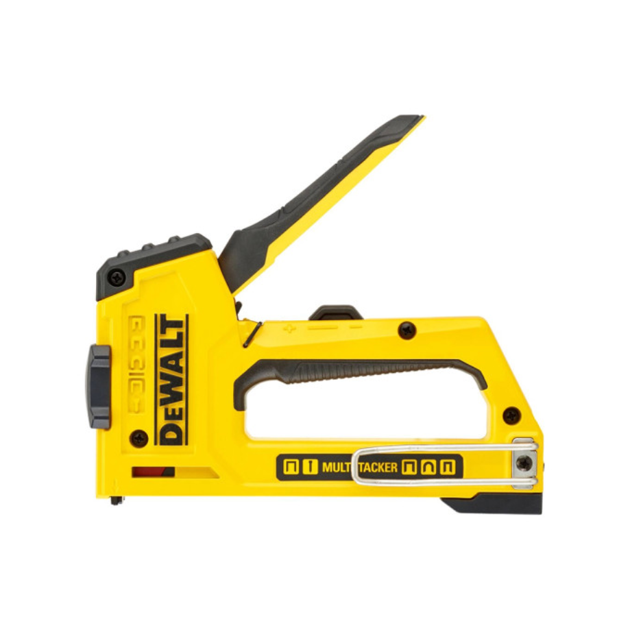 DEWALT 5-in-1 multi-tacker tool with interchangeable parts, black and yellow design, and ergonomic grip for versatile fastening tasks.
