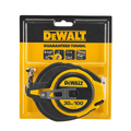DEWALT steel long tape measure, 30 meters (100 feet), durable construction, showcasing the tape extended from the reel.