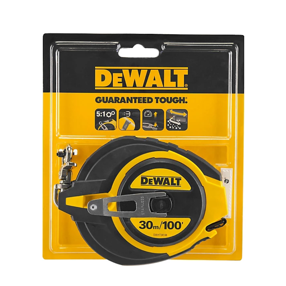 DEWALT steel long tape measure, 30 meters (100 feet), durable construction, showcasing the tape extended from the reel.