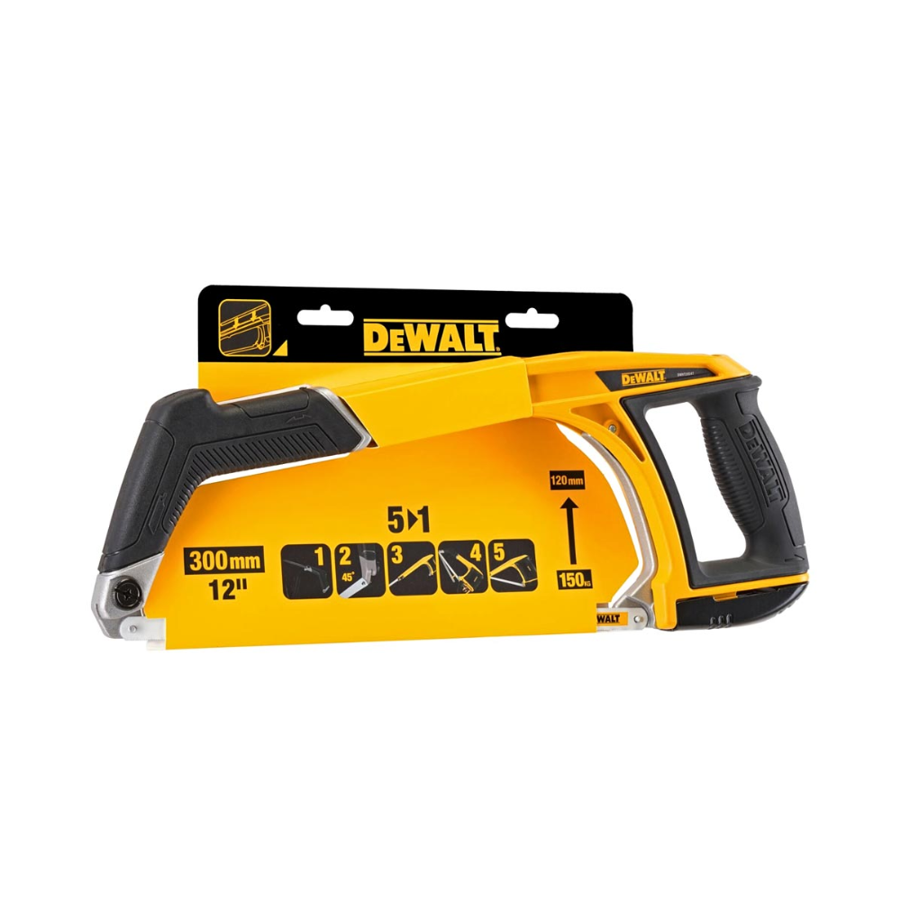 DEWALT 5-in-1 hacksaw with 300mm blade, showcasing versatile tool with adjustable frame and ergonomic handle for cutting tasks.