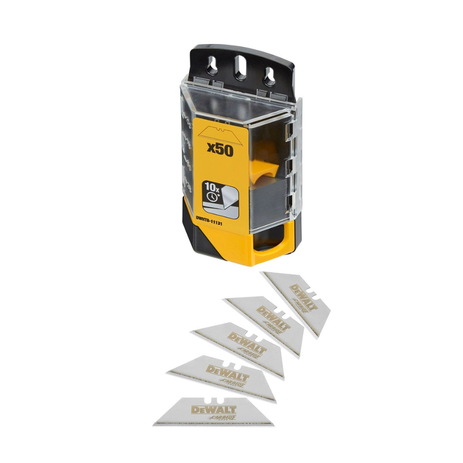 DEWALT carbide utility blades pack of 50, showing sharp, durable blades for cutting tools and utility applications.