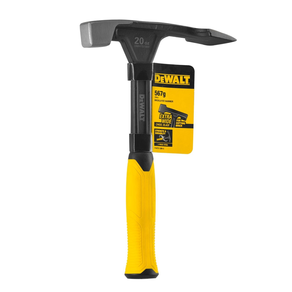 DEWALT 20 oz bricklayer hammer with wooden handle and metal head, suitable for masonry and brickwork tasks.