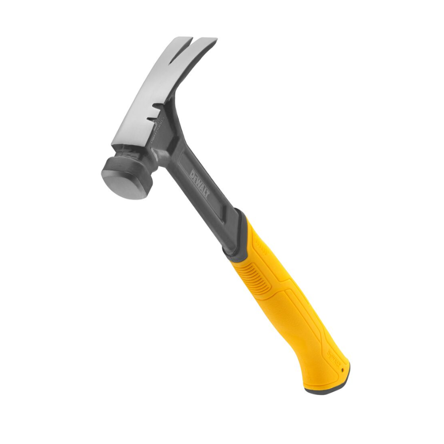 DEWALT rip-claw one-piece steel hammer with 16 oz (454g) weight, featuring a durable steel head and ergonomic handle for heavy-duty use.