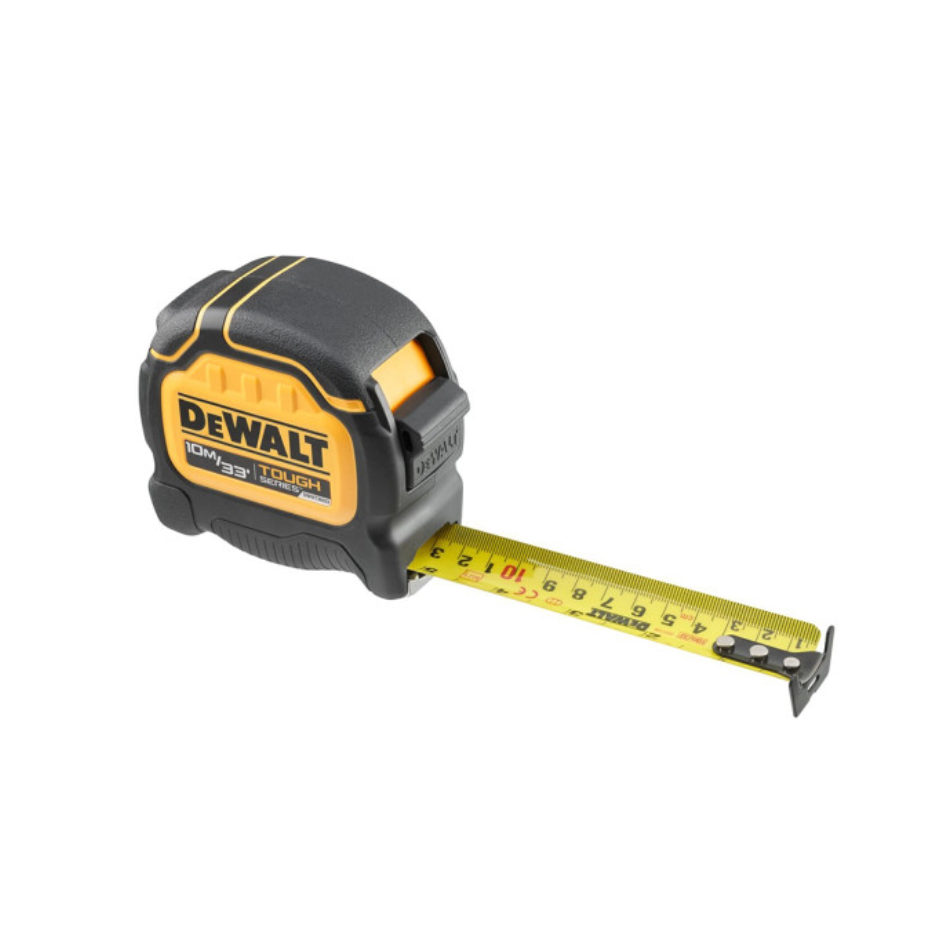 DEWALT Tough Tape measure with 10-meter (33-foot) length, featuring durable construction and clear measurement markings.