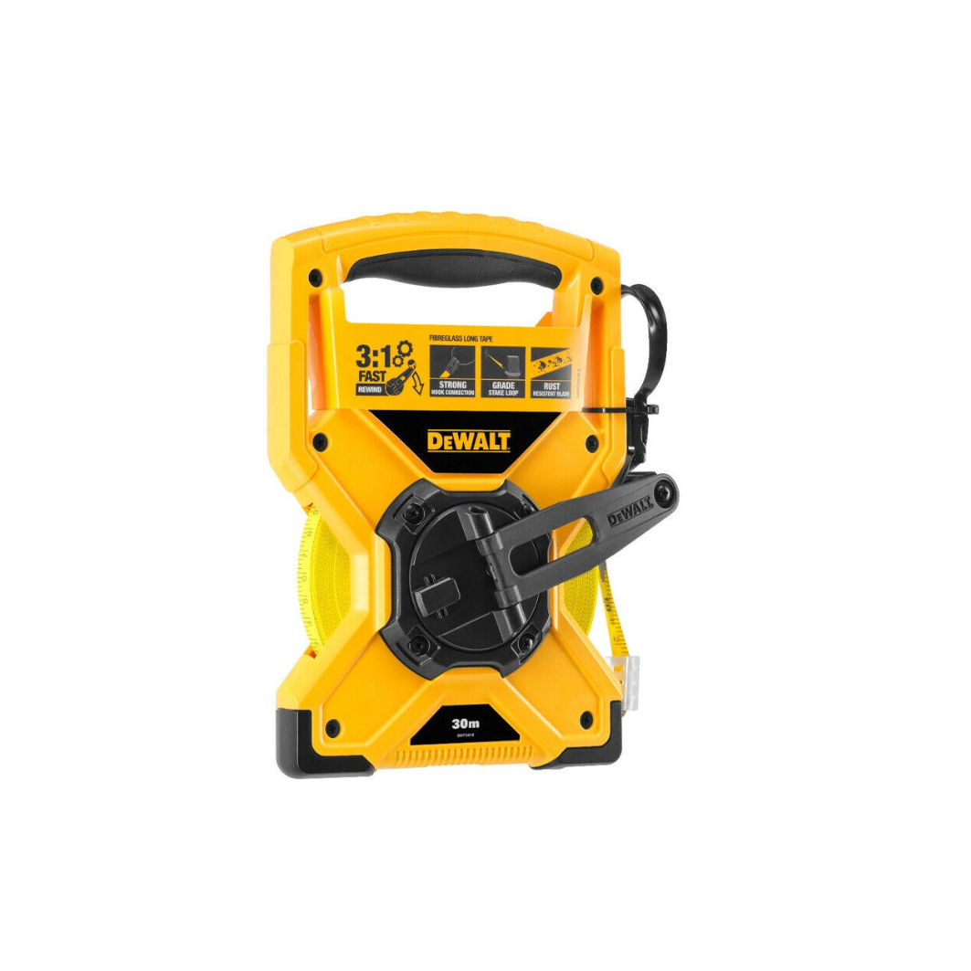 DEWALT 30M fiberglass long tape measure with a durable steel case and clear measurement markings for precise length measuring.
