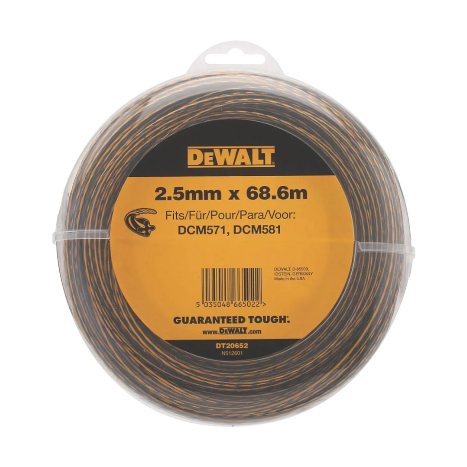 DEWALT 2.7mm x 55m trimmer line for garden tools, shown coiled and ready for trimming grass and weeds.