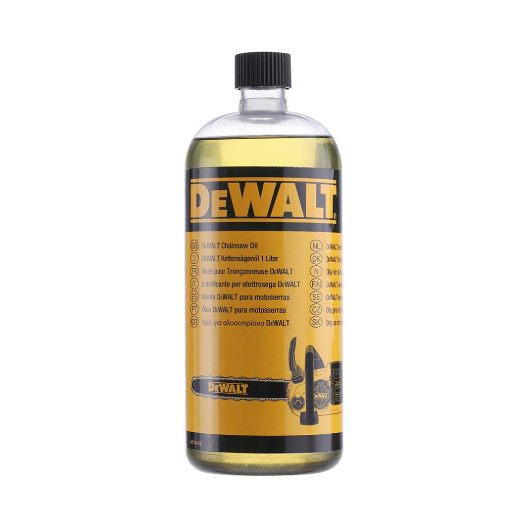 DEWALT chainsaw oil 1L container, shown with label and cap, designed for lubricating chainsaws and outdoor power tools.
