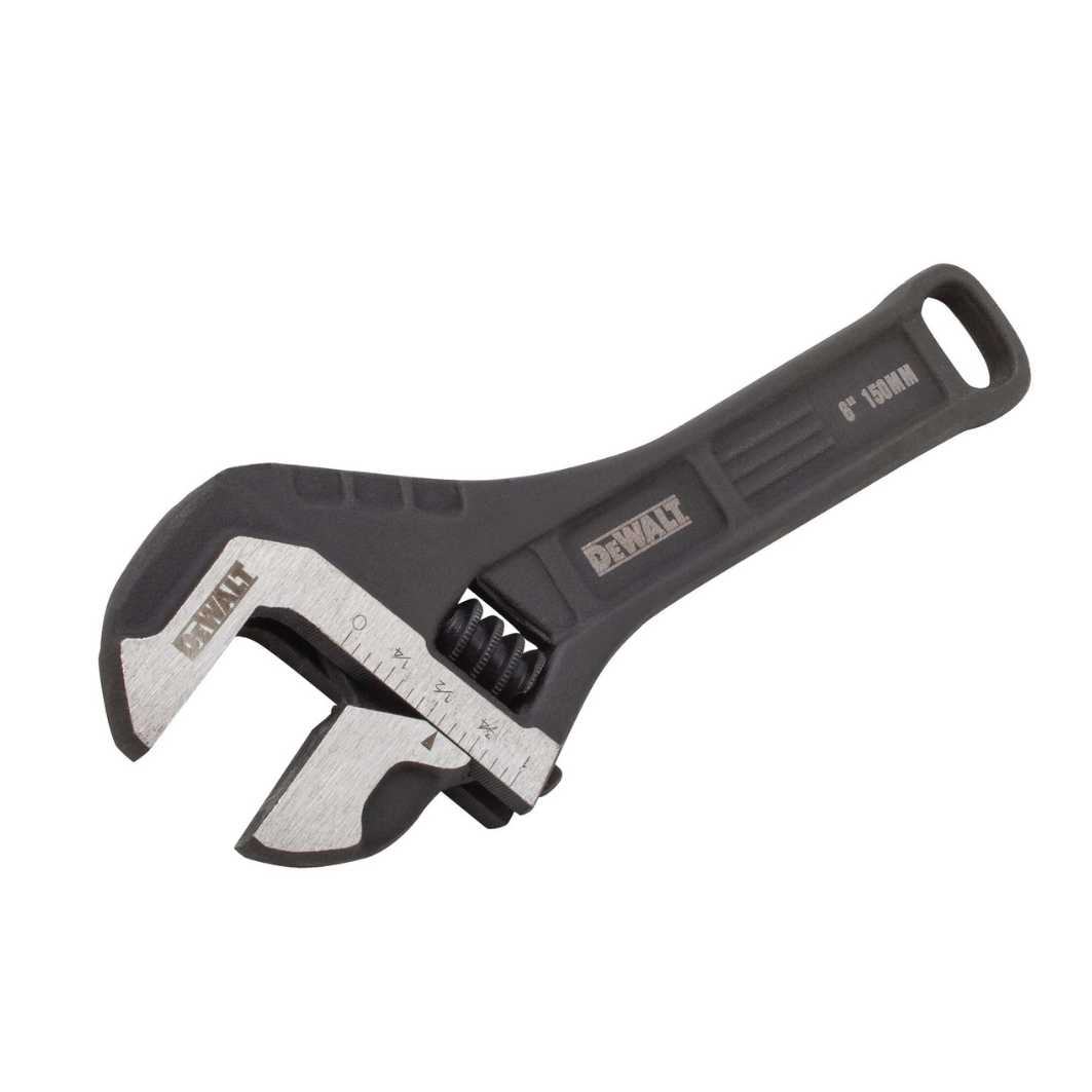 DEWALT 8-inch all-steel adjustable wrench showing textured handle and adjustable jaw for versatile gripping tools.
