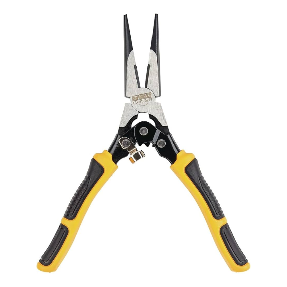 DEWALT compound action long nose pliers with ergonomic handles, ideal for precise gripping and bending tasks in tools.