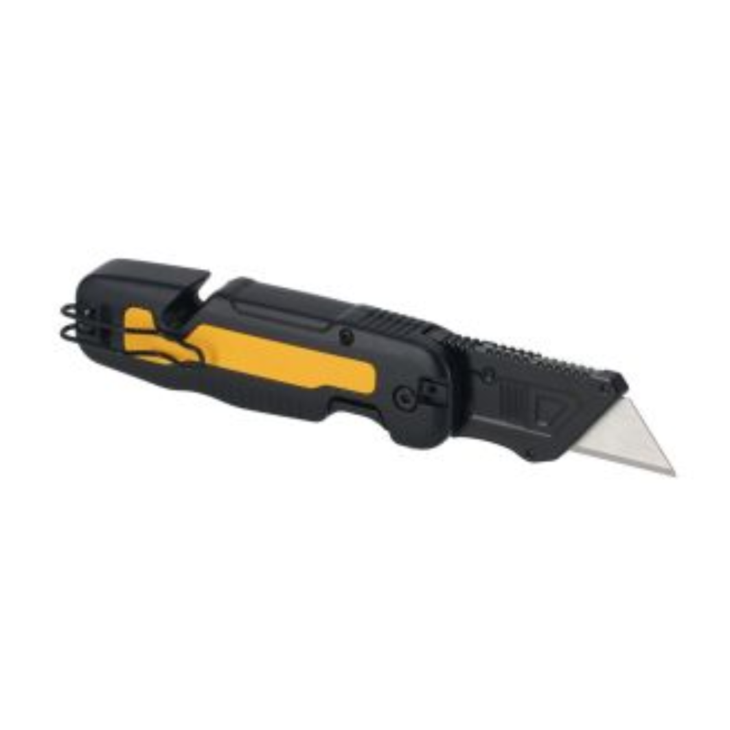 DEWALT folding fixed blade utility knife with strap cutter, featuring a sturdy handle and retractable blade for versatile cutting tasks.