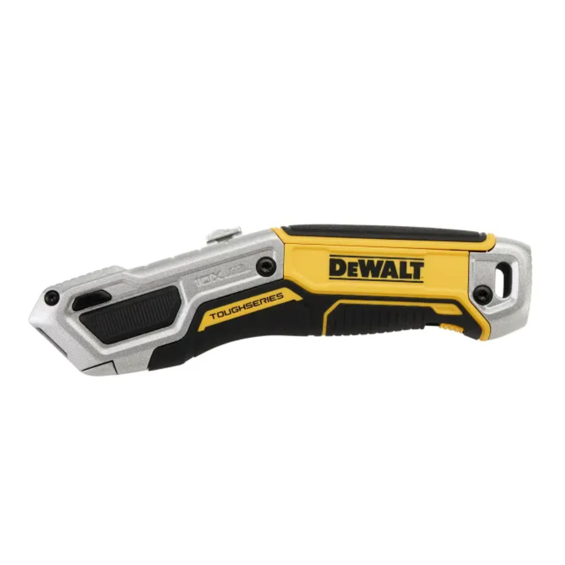 DEWALT TOUGHSERIES retractable blade utility knife with plastic handle and blade exposed, designed for cutting tasks.