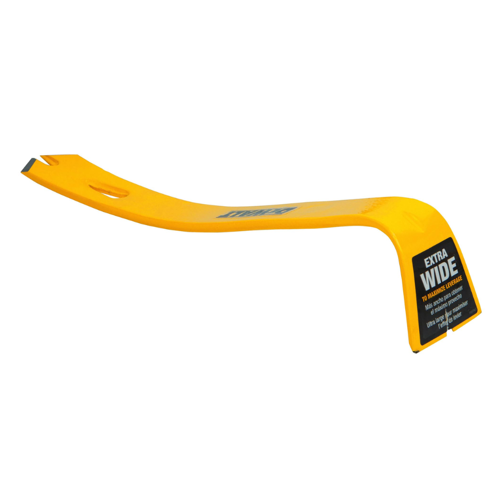 DEWALT 12-inch flat bar tool with a sturdy metal construction, designed for prying and demolition tasks.
