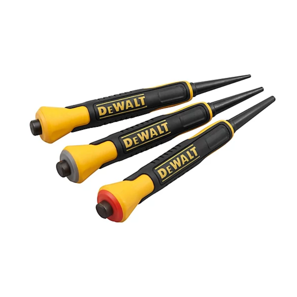 DEWALT 3-piece nail punch set with metal tools featuring black handles for precise nail driving and removal.