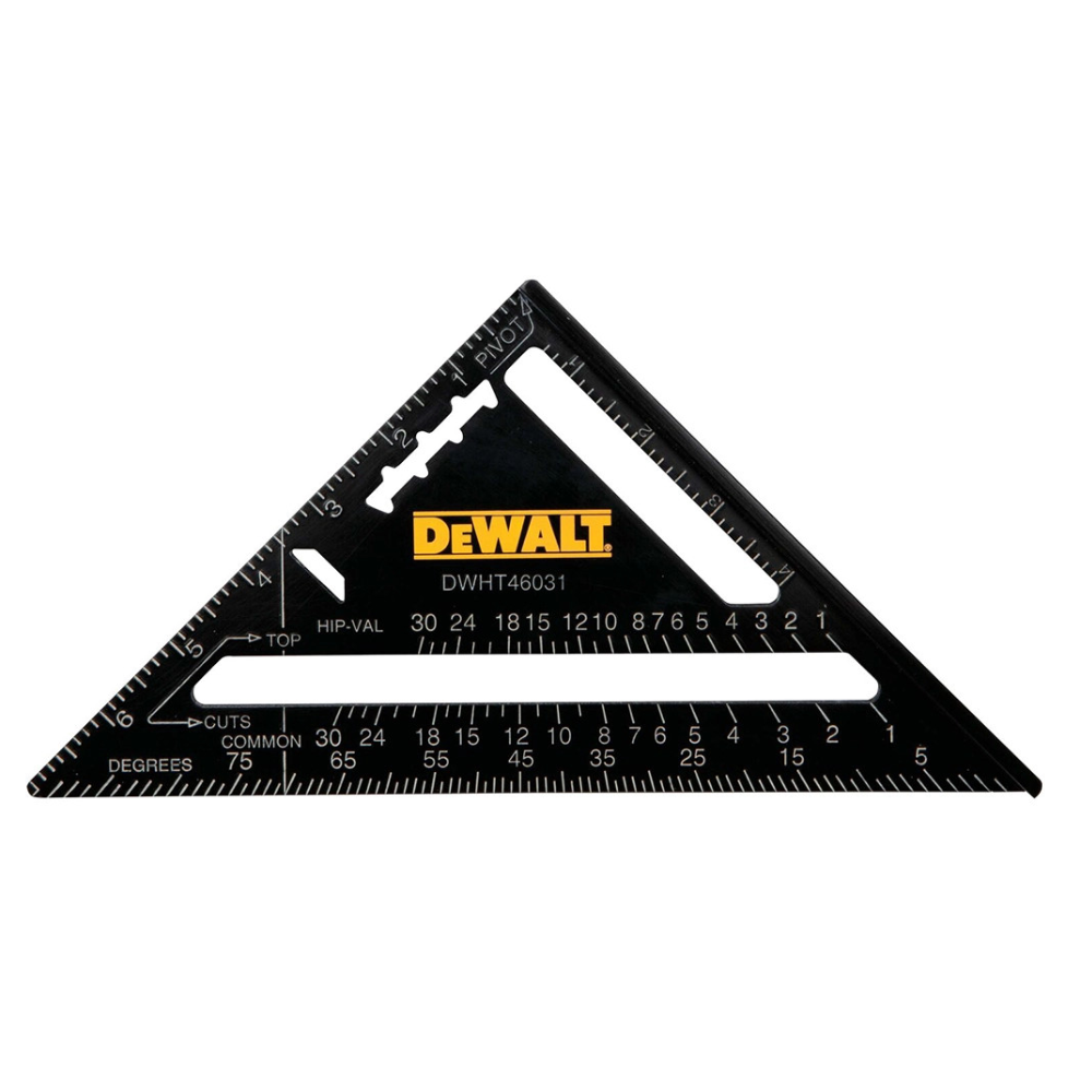DEWALT 7-inch square tool with metal ruler and clear markings for precise measuring and woodworking projects