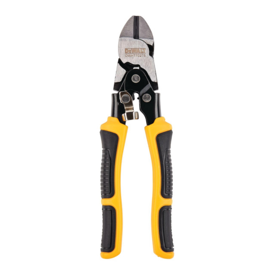 DEWALT compound action diagonal cutting pliers with ergonomic handles and sharp cutting edges for precise wire cutting.