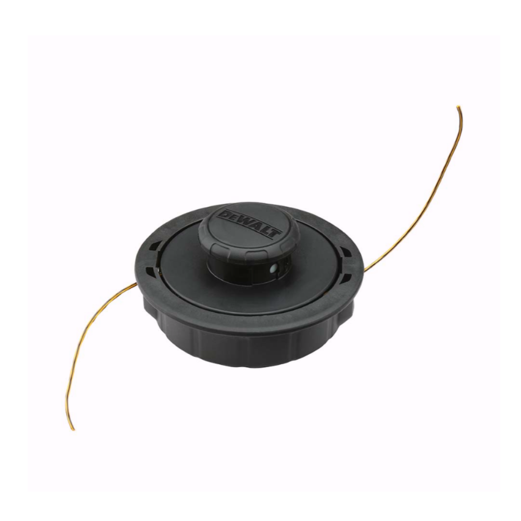DEWALT string trimmer cap, spool, and line replacement tool for outdoor power equipment, showing the spool and line inside the cap.