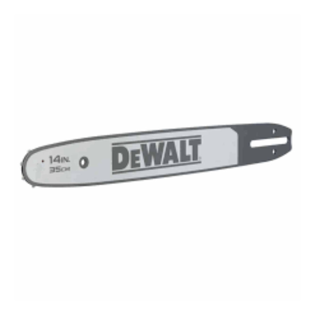 DEWALT 35cm chainsaw bar with 0.325-inch chain for power cutting tools, shown in a close-up view of the bar and chain.