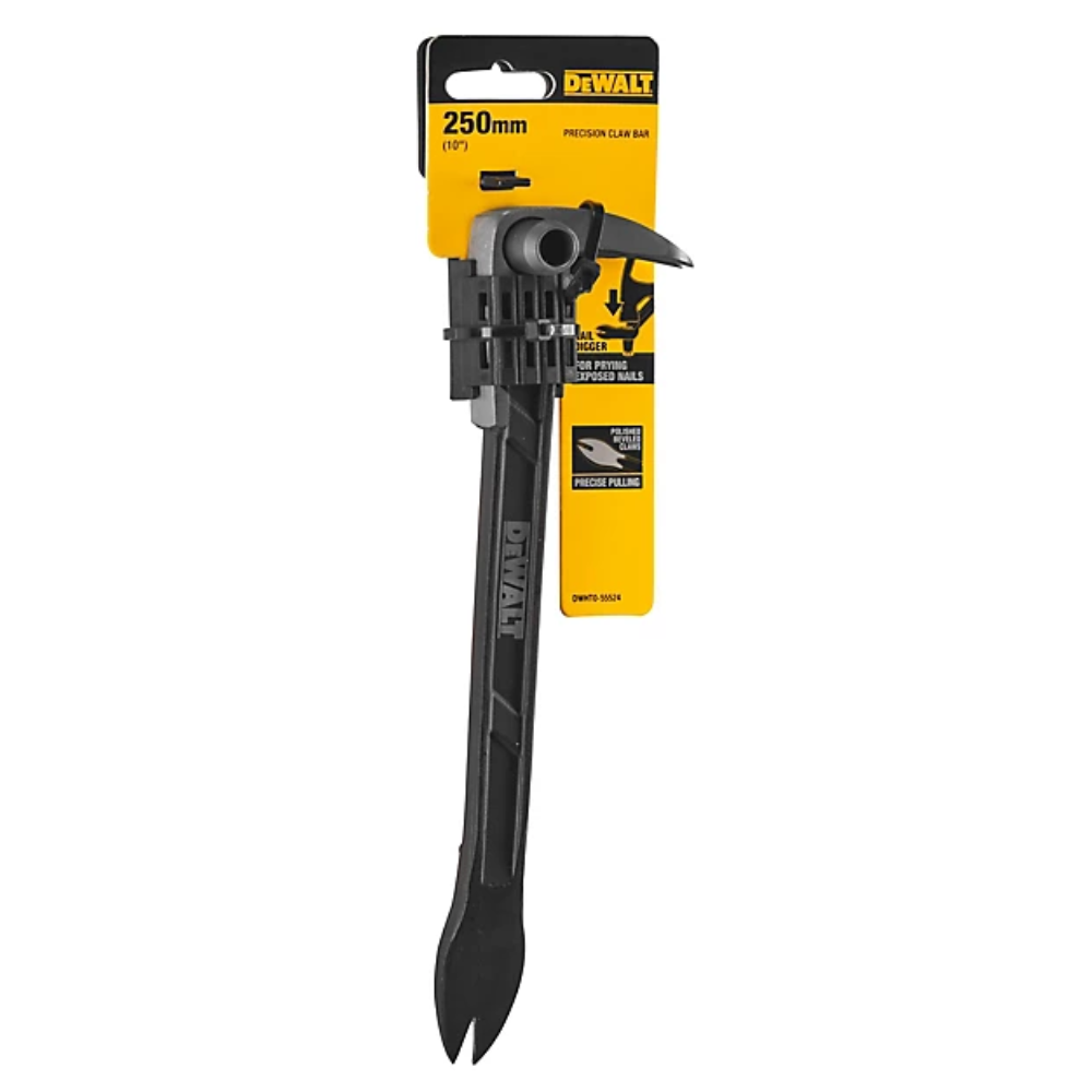 DEWALT 250mm claw bar, a durable hand tool for prying and demolition, with a sturdy metal construction and ergonomic grip.