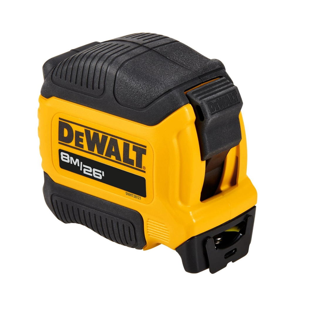 DEWALT compact 8-meter tape measure with black and yellow casing, showcasing its durable construction and measuring tape in use.