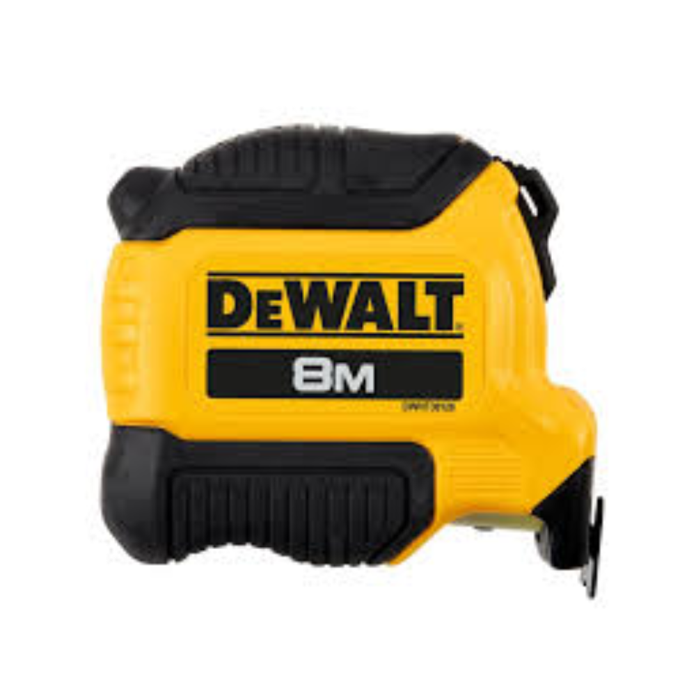DEWALT compact 8-meter tape measure with black and yellow casing, measuring tape extended with clear measurement markings.